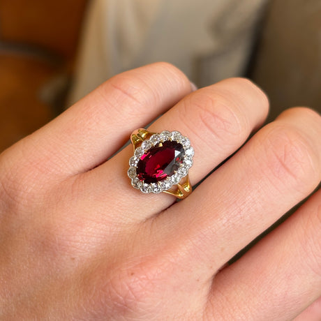 Antique, Edwardian red spinel and diamond engagement cluster ring