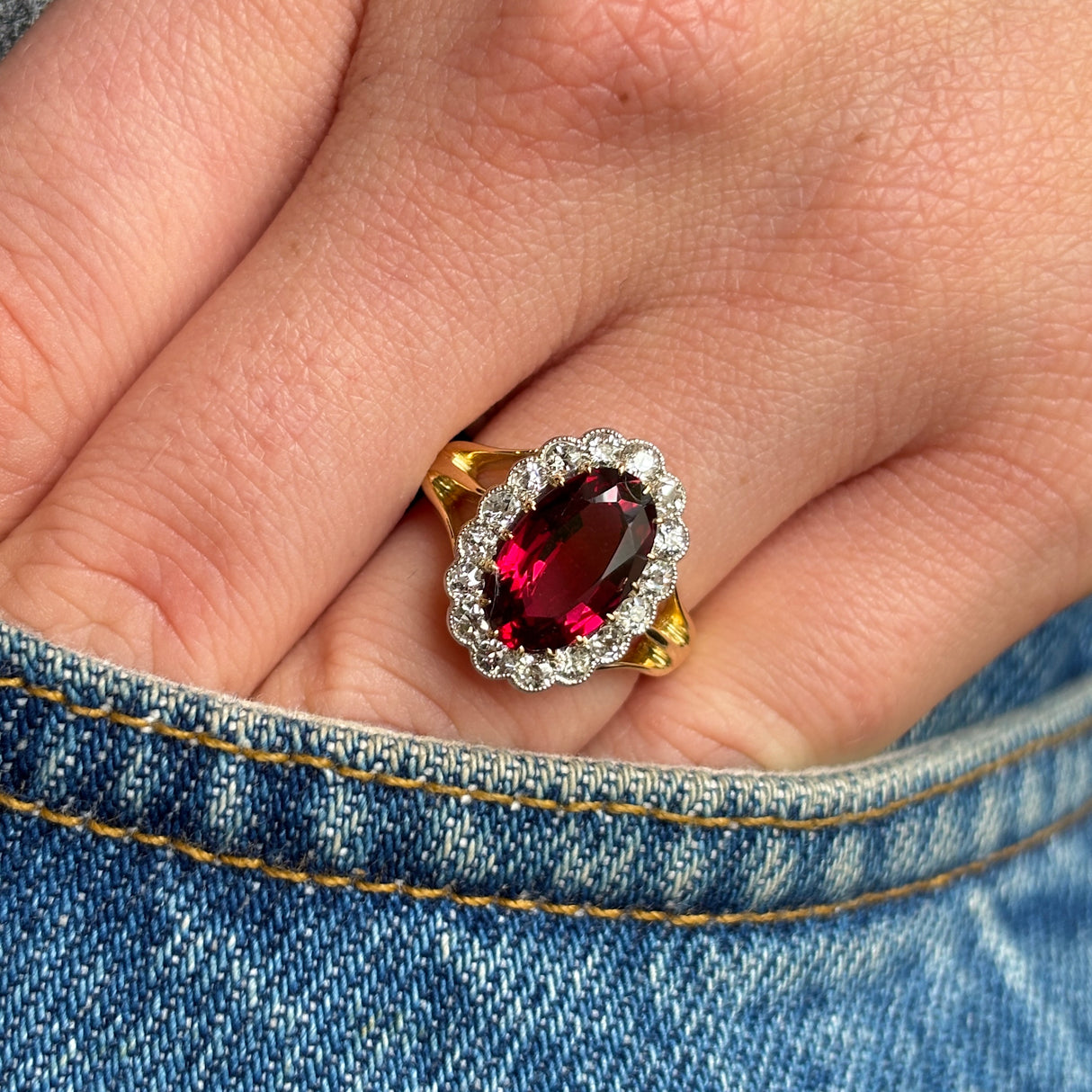 Antique, Edwardian red spinel and diamond engagement cluster ring