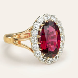 Antique, Edwardian red spinel and diamond engagement cluster ring