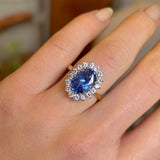 Vintage, Sri Lankan 5ct sapphire and diamond cluster engagement ring