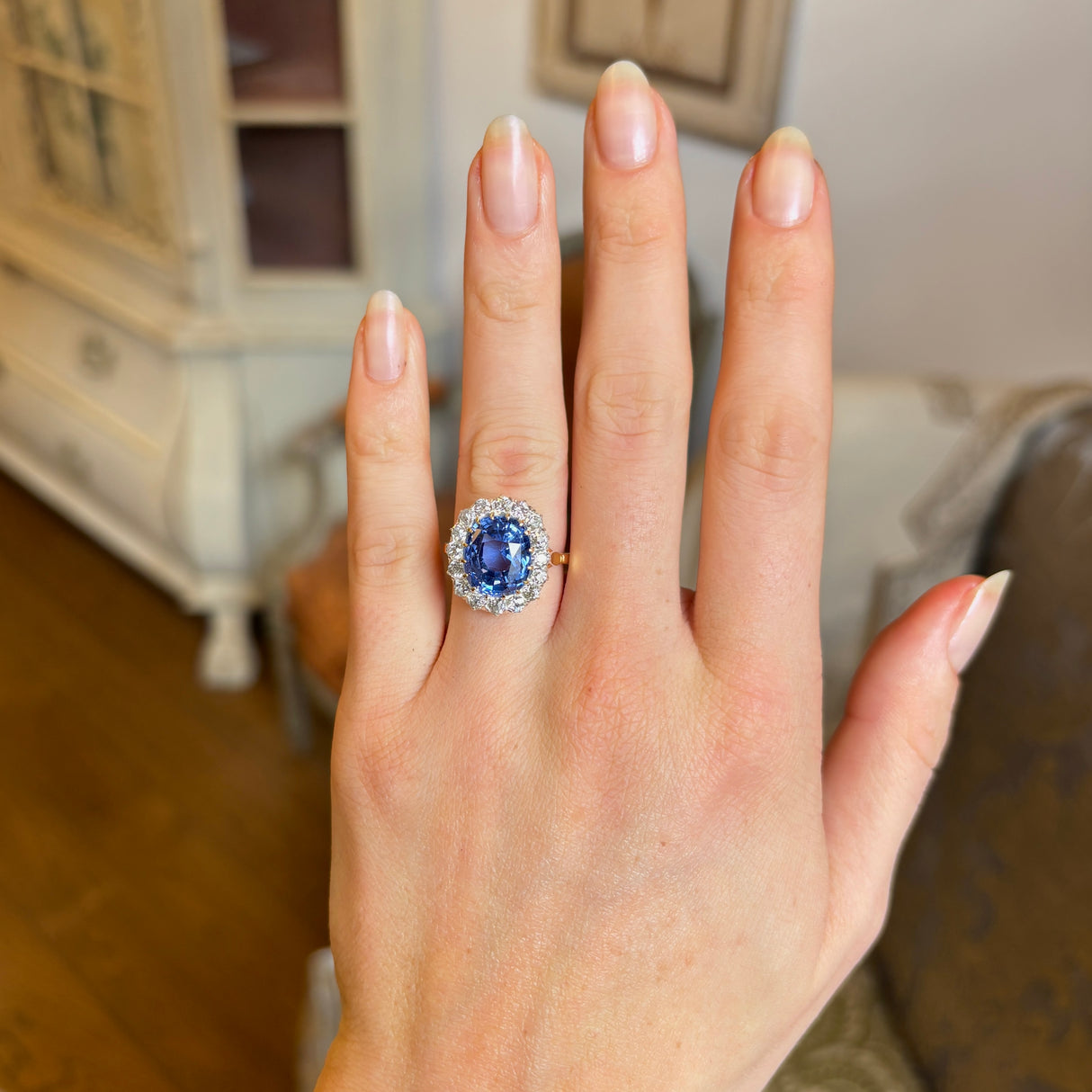 Antique, Edwardian sapphire and diamond cluster engagement ring