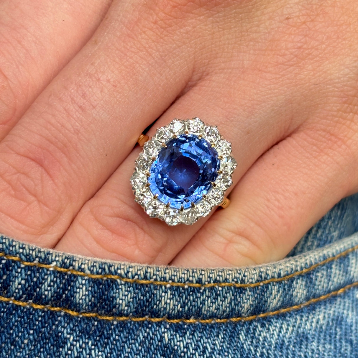 Antique, Edwardian sapphire and diamond cluster engagement ring