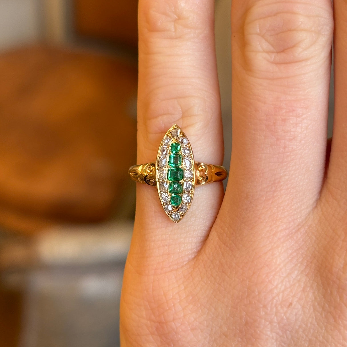 Antique, Victorian emerald and diamond navette cluster ring