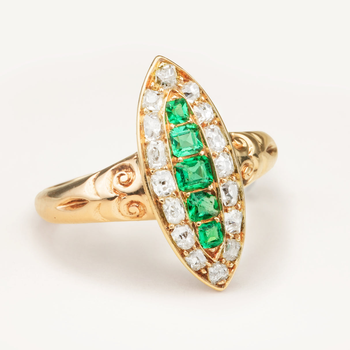 Antique, Victorian emerald and diamond navette cluster ring