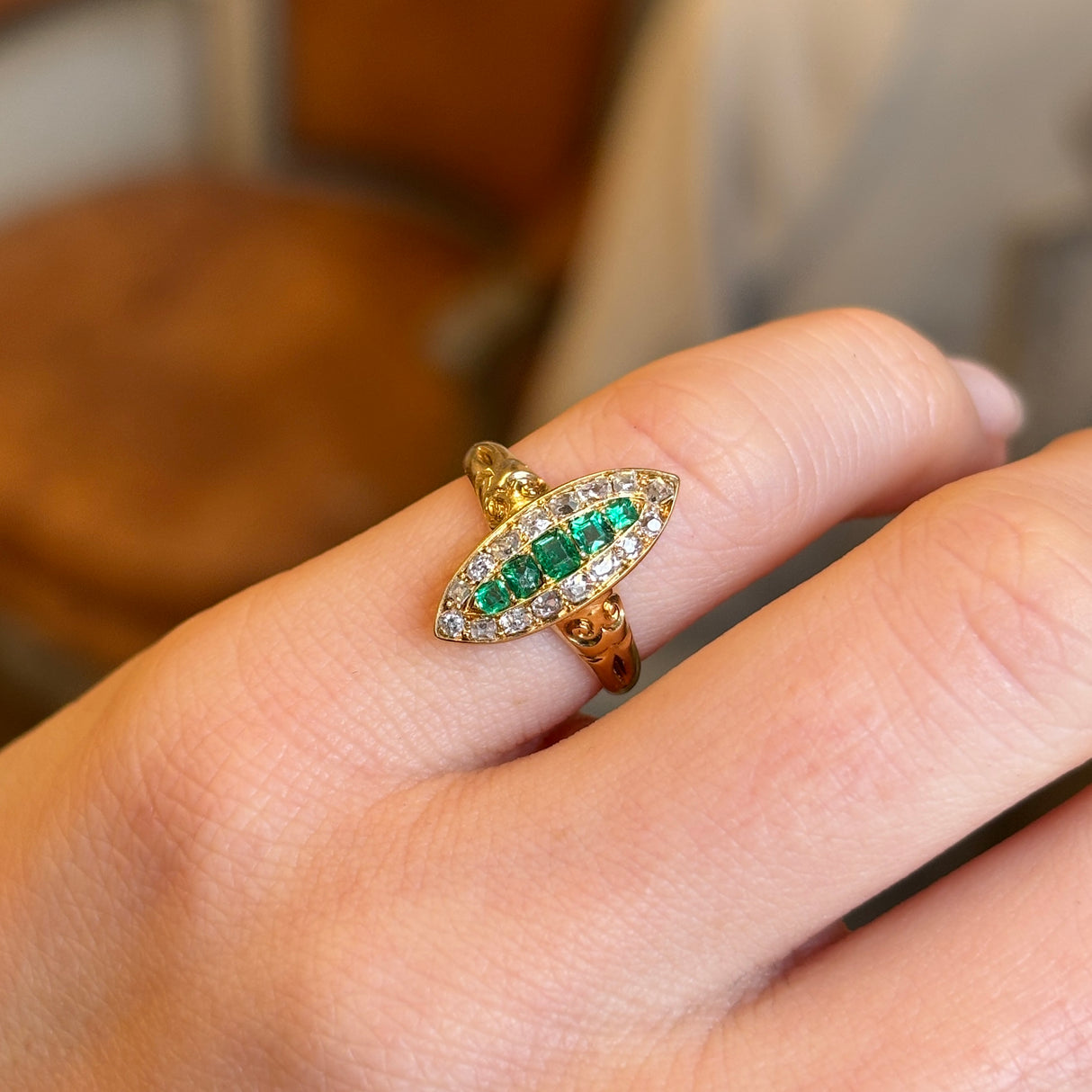 Antique, Victorian emerald and diamond navette cluster ring