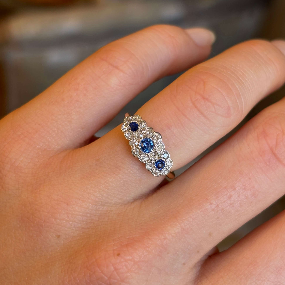 Antique, Edwardian sapphire and diamond triple cluster ring