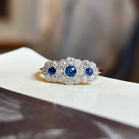 Antique, Edwardian sapphire and diamond triple cluster ring