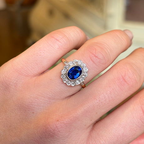 Vintage, sapphire and diamond cluster ring