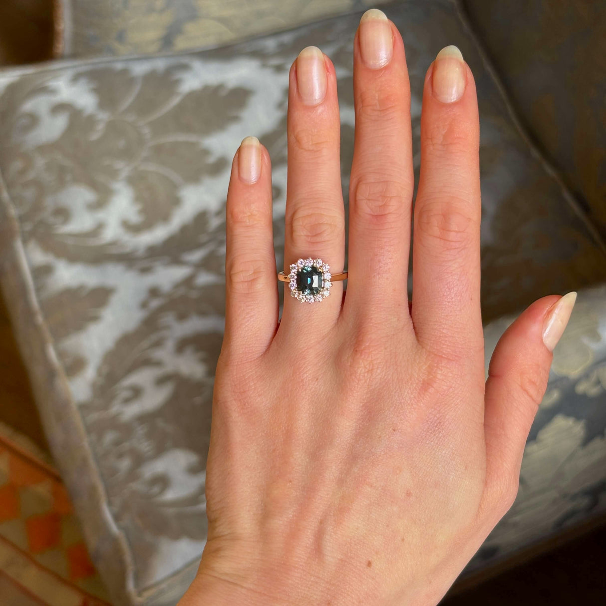 Green Sapphire and Diamond Cluster Engagement Ring