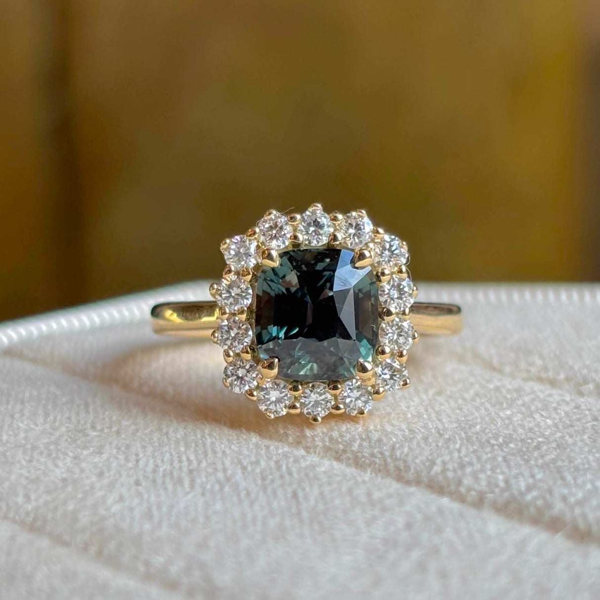 Green Sapphire and Diamond Cluster Engagement Ring