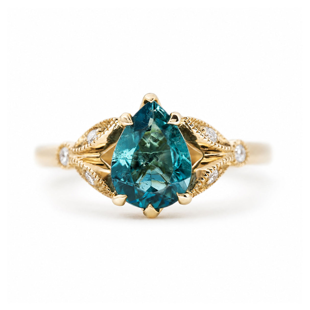 Vintage-inspired teal tourmaline and diamond engagement ring in yellow gold