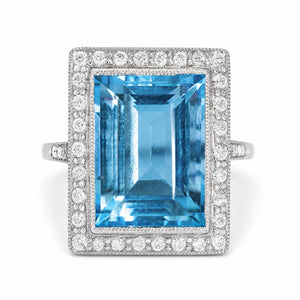 An antique Art Deco aquamarine and diamond cocktail ring in platinum.