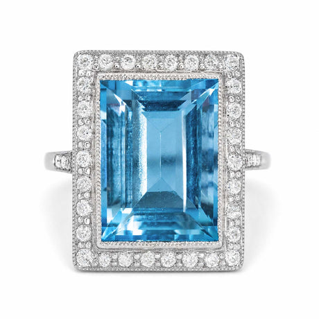 An antique Art Deco aquamarine and diamond cocktail ring in platinum.