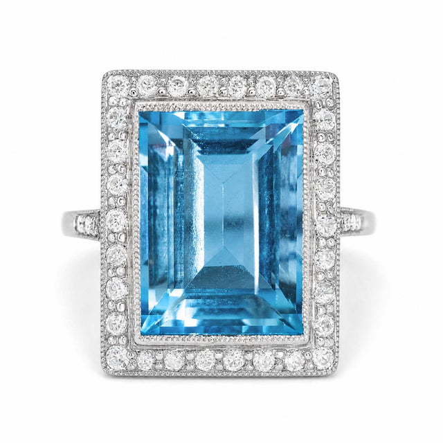 An antique Art Deco aquamarine and diamond cocktail ring in platinum.