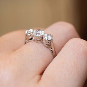 Angled view of the Edwardian ring’s raised diamond settings