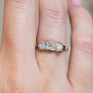 Close-up of an antique Victorian three-stone diamond ring on the finger