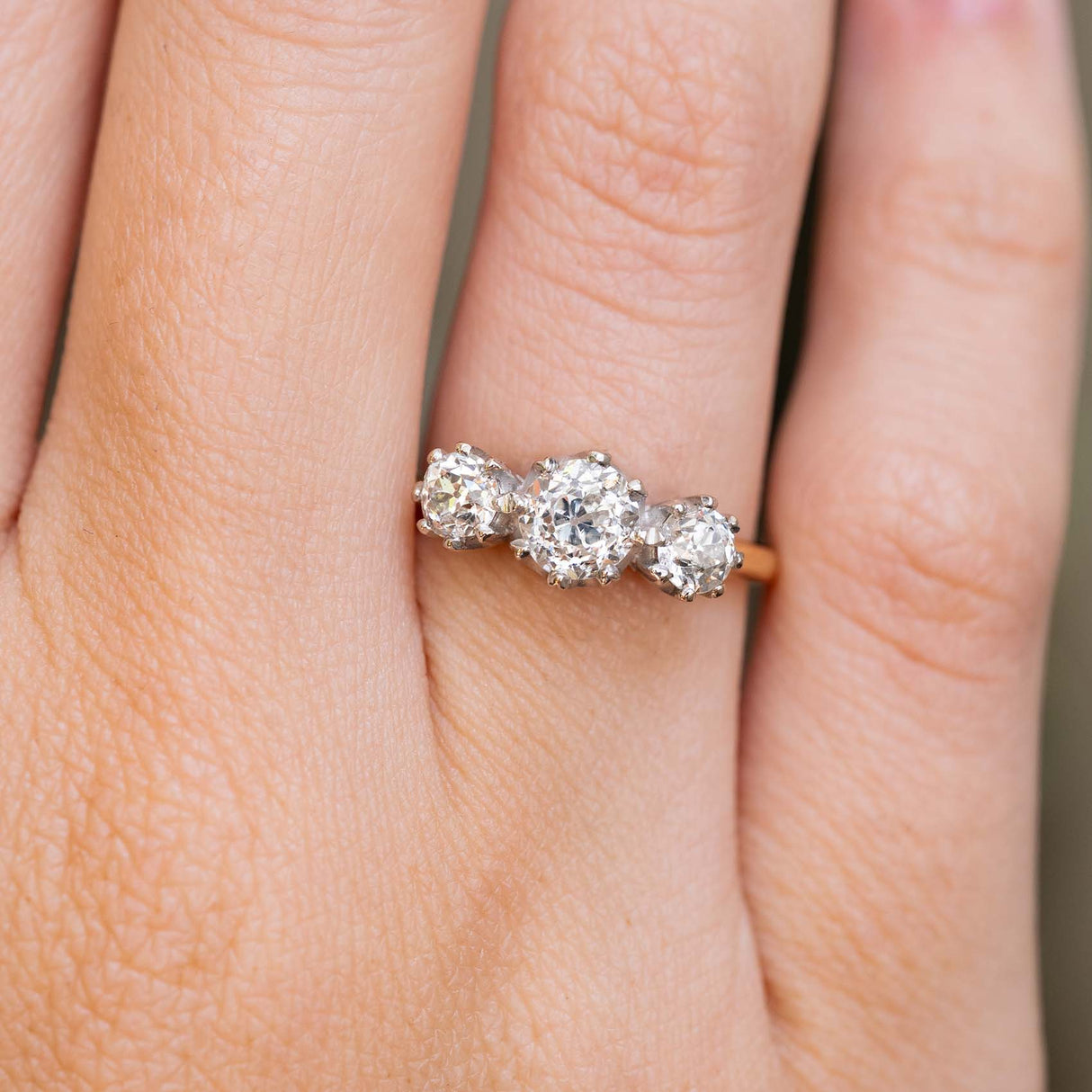 Antique, Edwardian old-cut diamond three-stone engagement ring