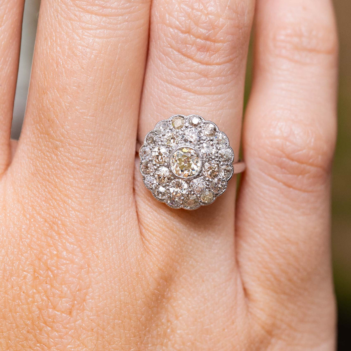 Antique Edwardian, subtly tinted old-cut diamond cluster ring