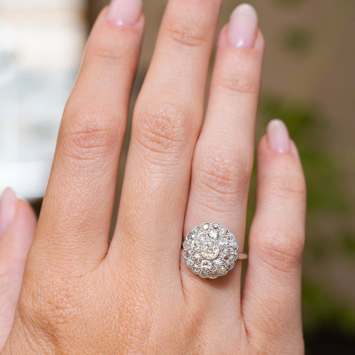 Antique Edwardian, subtly tinted old-cut diamond cluster ring