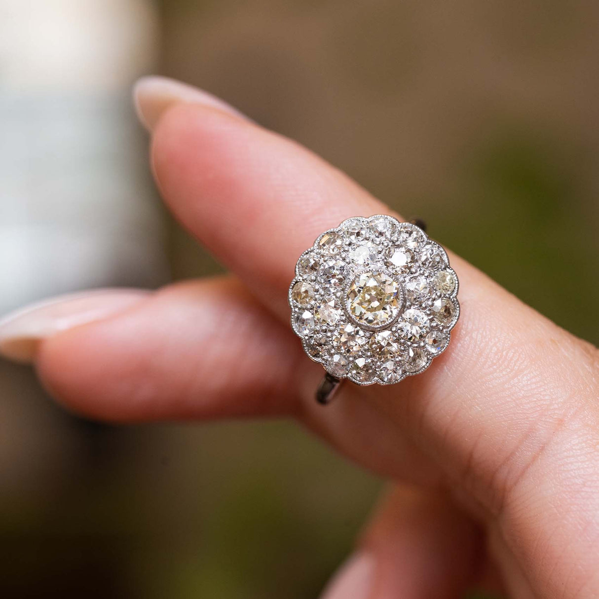 Antique Edwardian, subtly tinted old-cut diamond cluster ring