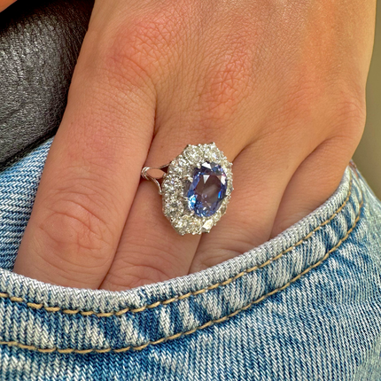 Large Oval-Cut 4ct Cornflower Blue Sapphire and Diamond Cluster Ring, Platinum