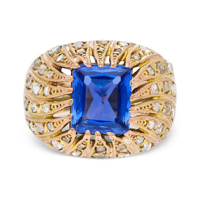 Vintage ceylon sapphire and diamond ring, front view. 