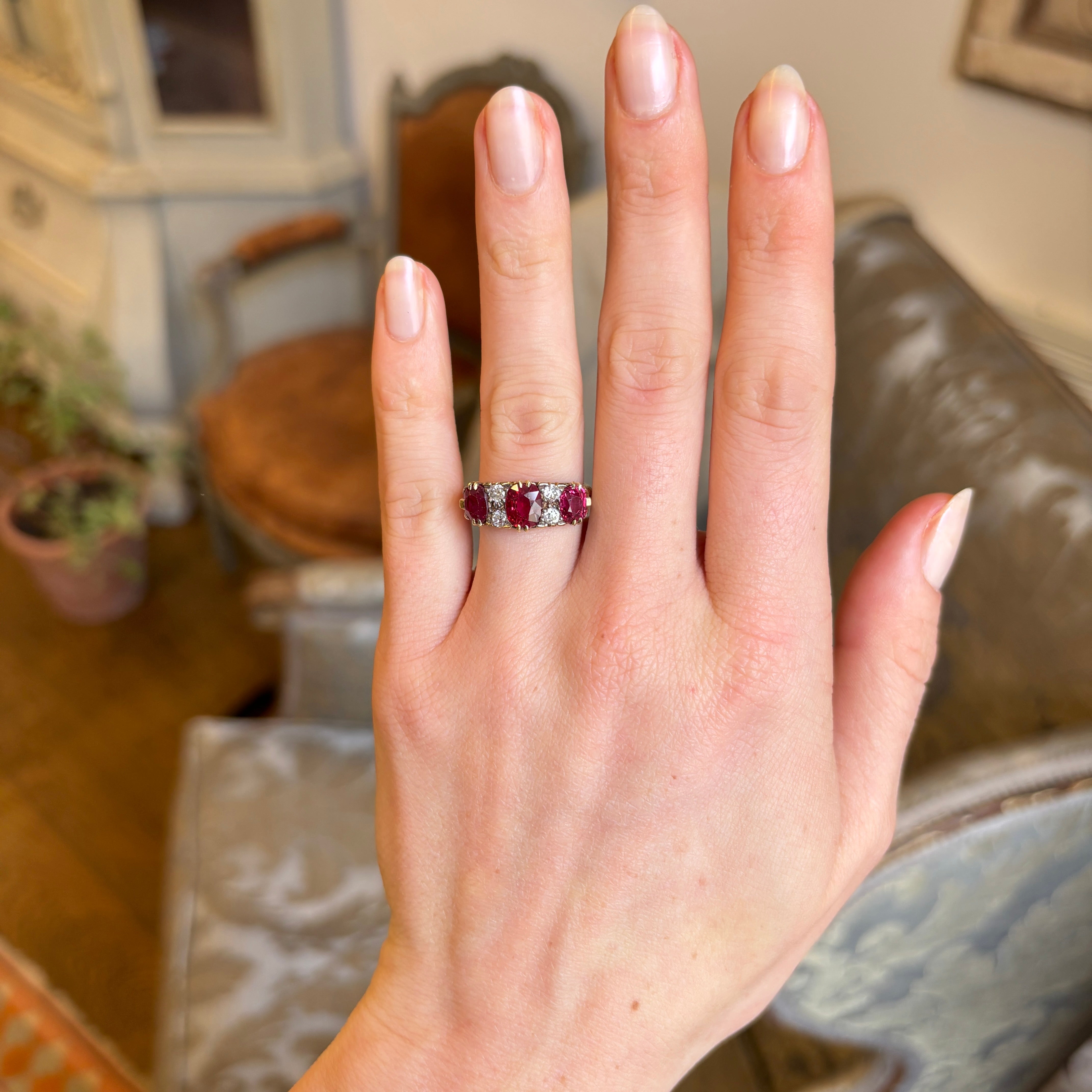 Antique, Victorian Burmese ruby & diamond carved half-hoop ring
