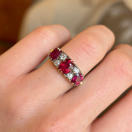 Victorian, unheated ruby & diamond three-stone ring