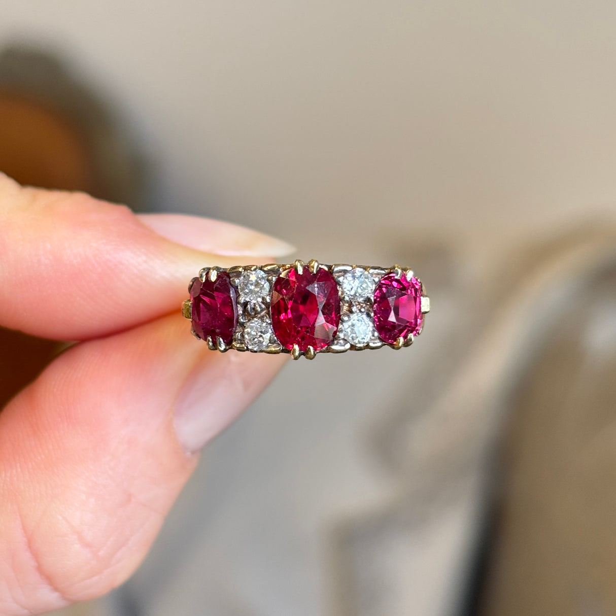 Victorian, unheated ruby & diamond three-stone ring