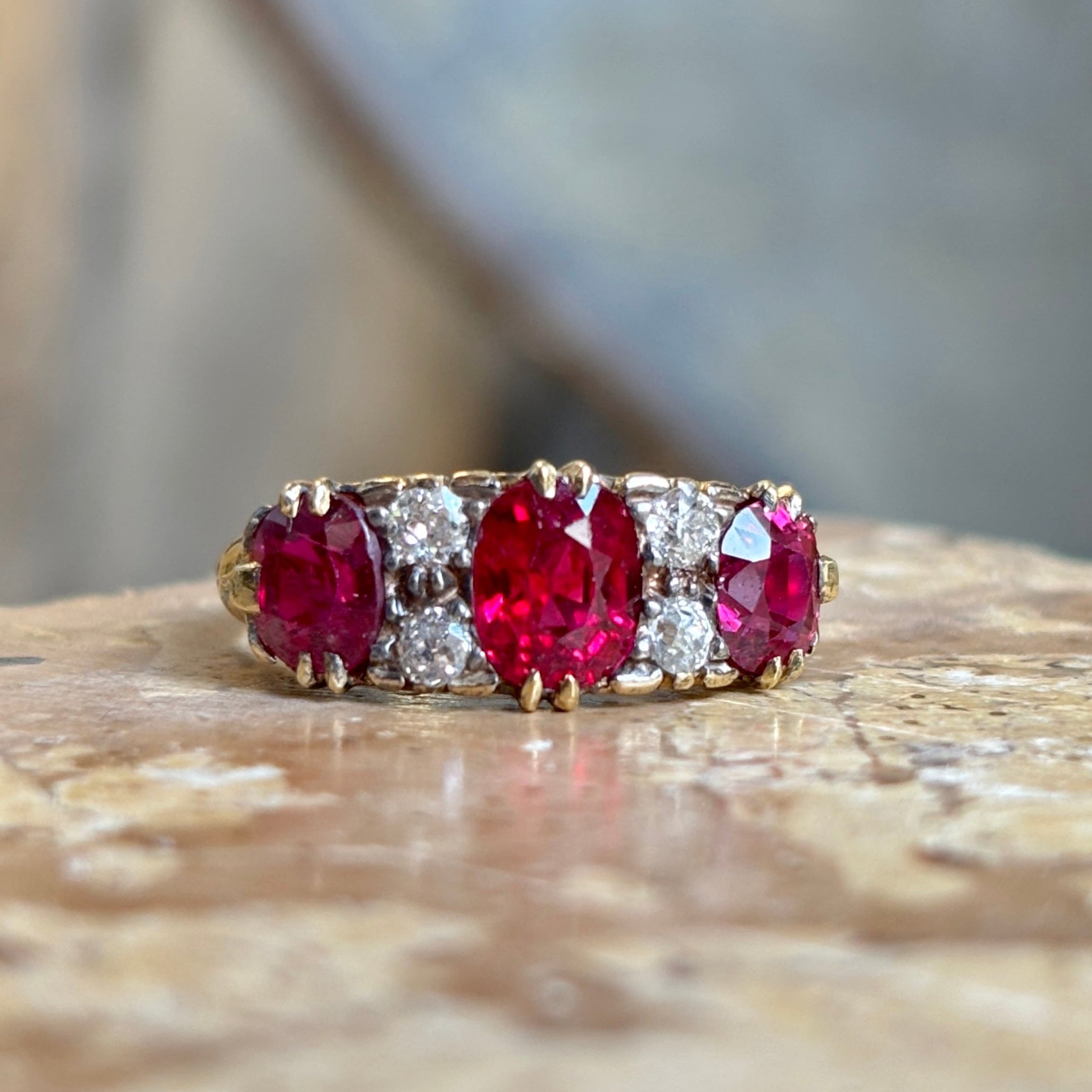 Antique, Victorian Burmese ruby & diamond carved half-hoop ring