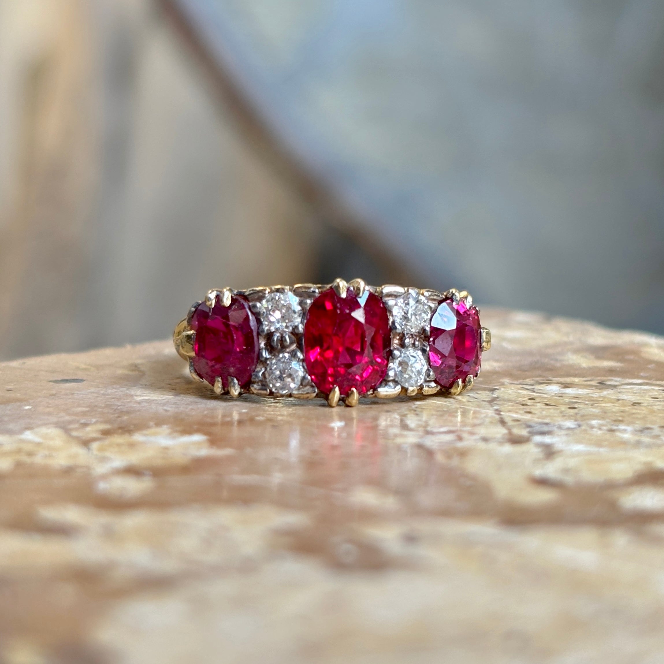 Antique, Victorian Burmese ruby & diamond carved half-hoop ring
