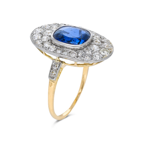 Edwardian sapphire and diamond ring, side view. 