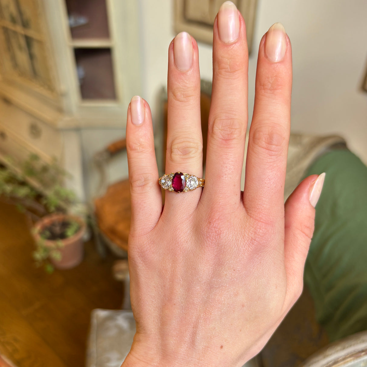 Antique, Victorian natural ruby & diamond three-stone ring