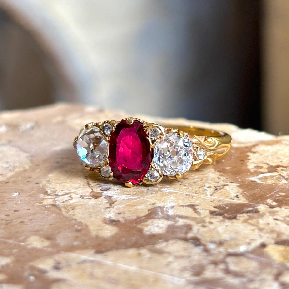 Antique, Victorian natural ruby & diamond three-stone ring