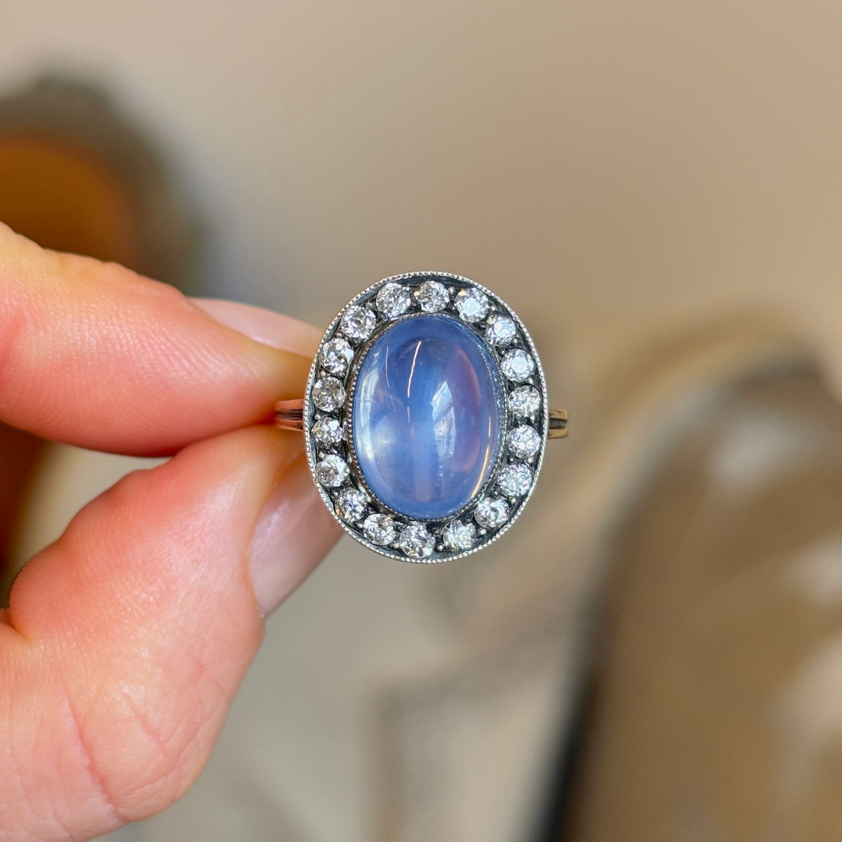 Antique, Edwardian cabochon sapphire & diamond cluster ring