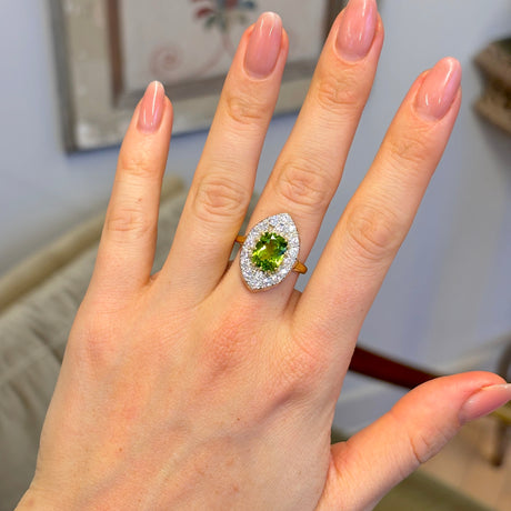 Vintage, impressive peridot & diamond navette ring