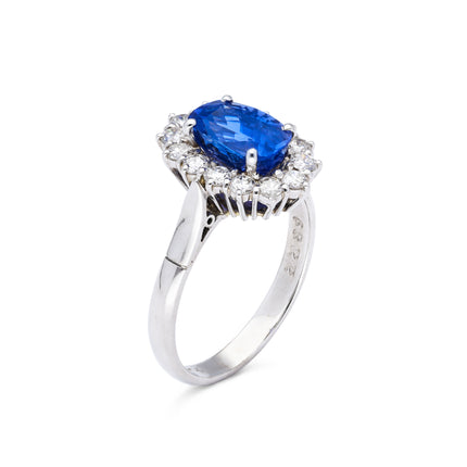 Sri Lankan Sapphire and Diamond Cluster Engagement Ring, 18ct White Gold