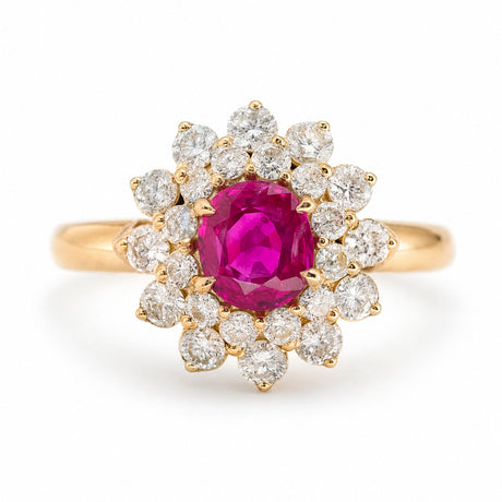 A yellow gold vintage, 1980s Burmese ruby & diamond halo cluster ring.