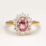 Padparascha pink sapphire and diamond cluster engagement ring