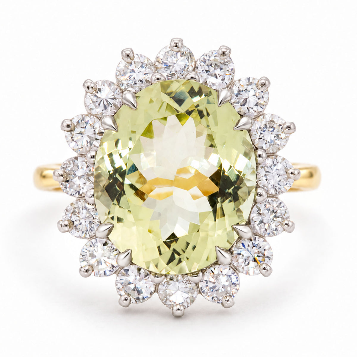 A Vintage, 1960s Green beryl and diamond cluster engagement ring on a yellow gold band white background.