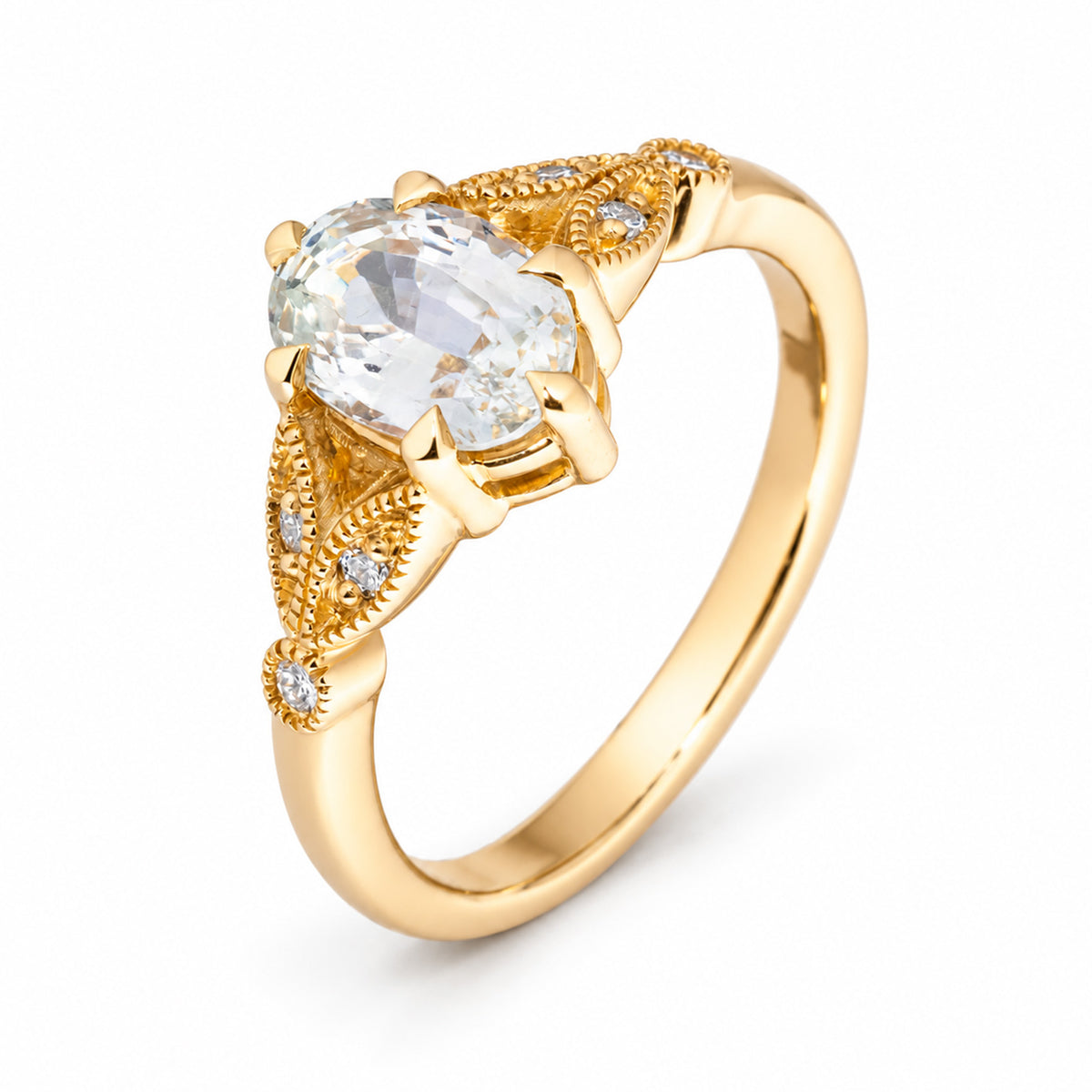 Sculptural studio view of the white sapphire ring, revealing its raised claw setting and delicate diamond accents.