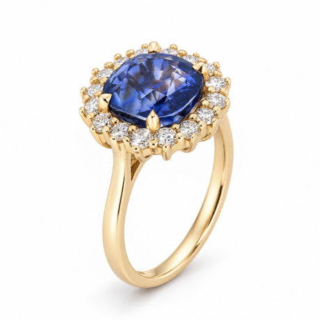 Three-quarter view of an antique-inspired sapphire cluster ring, highlighting its raised setting and delicate gold band.