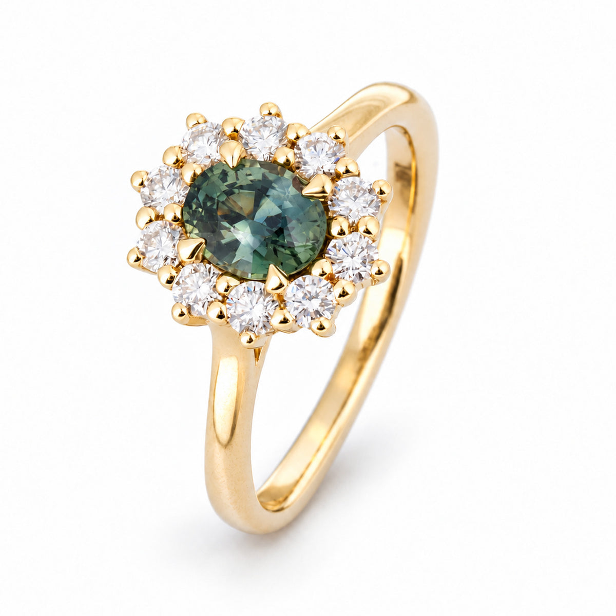 A three-quarter studio perspective reveals the oval sapphire centre, scalloped diamond halo and slender polished gold band.