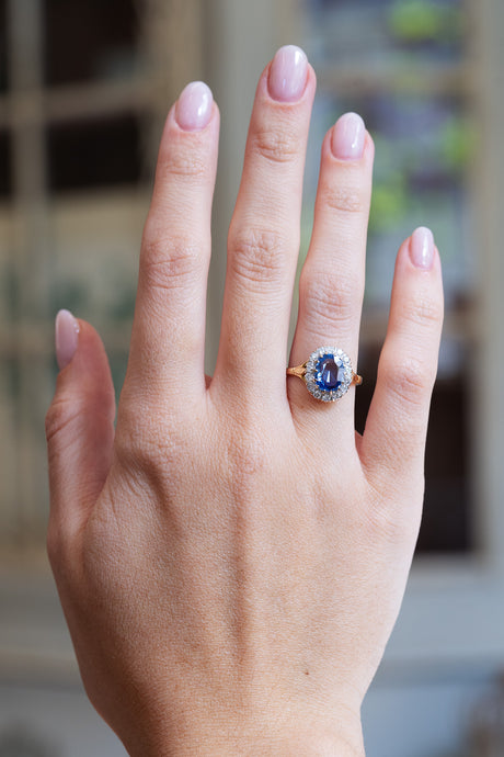 Vintage, 1980's Ceylon sapphire and diamond cluster ring