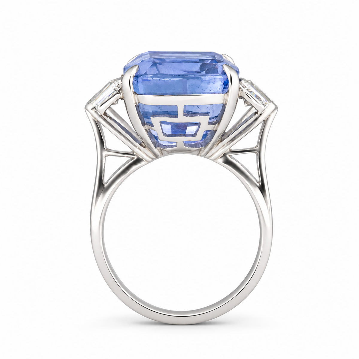 Reverse profile of the 1980s platinum ring, revealing the architectural openwork gallery beneath the colour-change sapphire.
