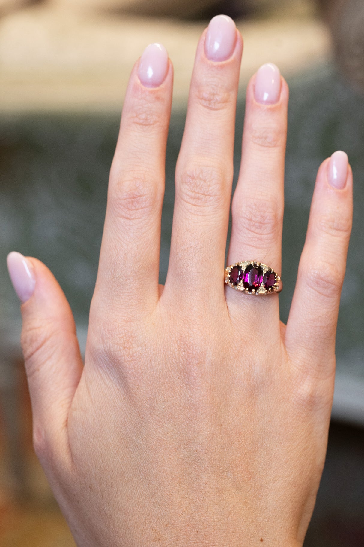 Antique, Victorian rhodolite garnet three-stone ring