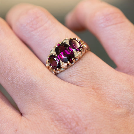 Antique, Victorian rhodolite garnet three-stone ring