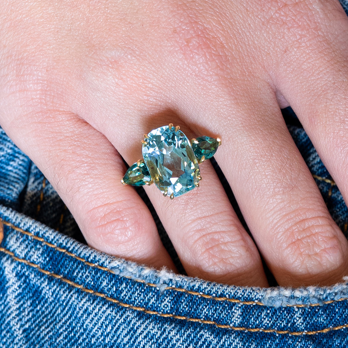 Aquamarine and sea-green tourmaline three-stone cocktail ring