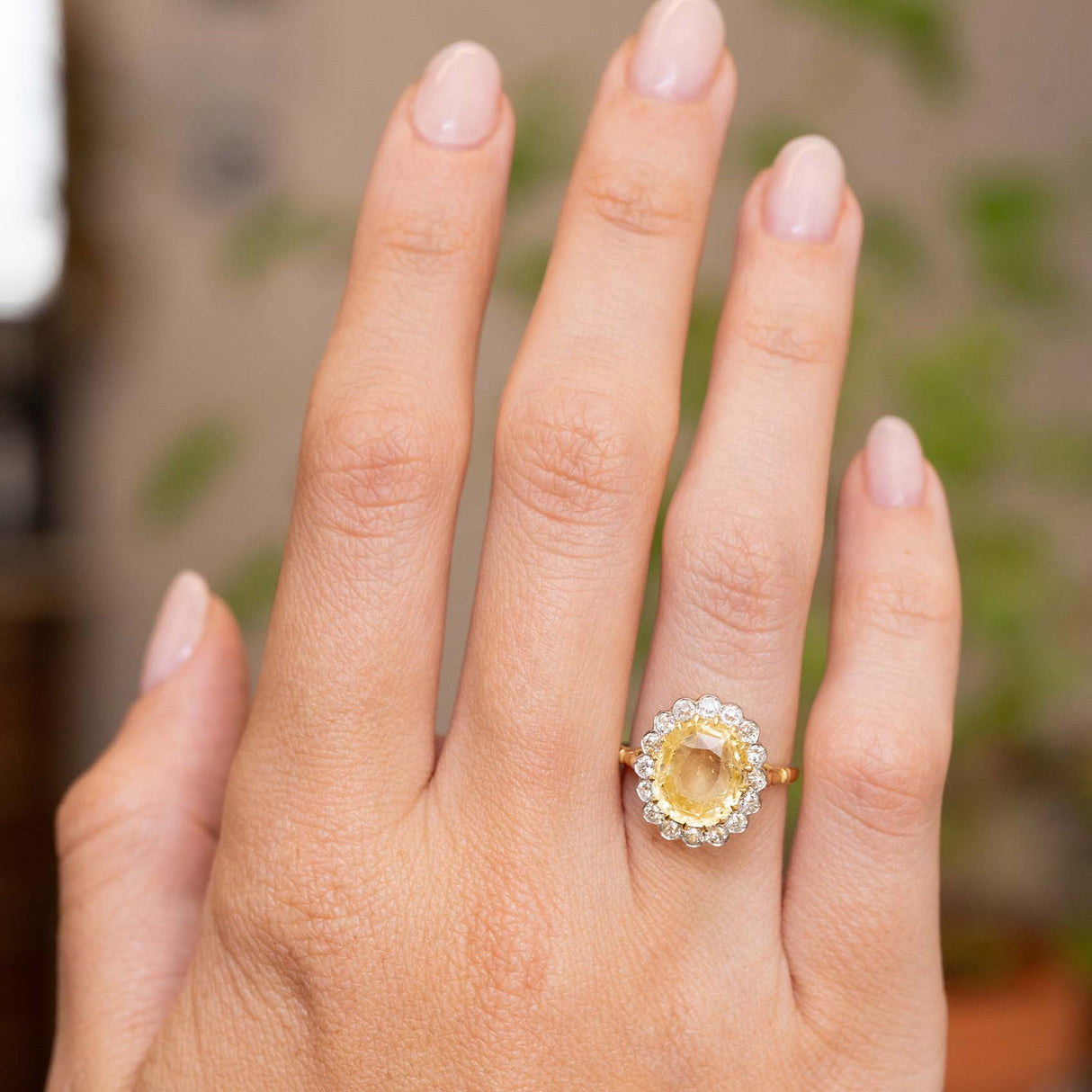 A close-up of a hand wearing a Vintage, 1950s yellow sapphire and diamond cluster engagement ring, set against a softly blurred background.