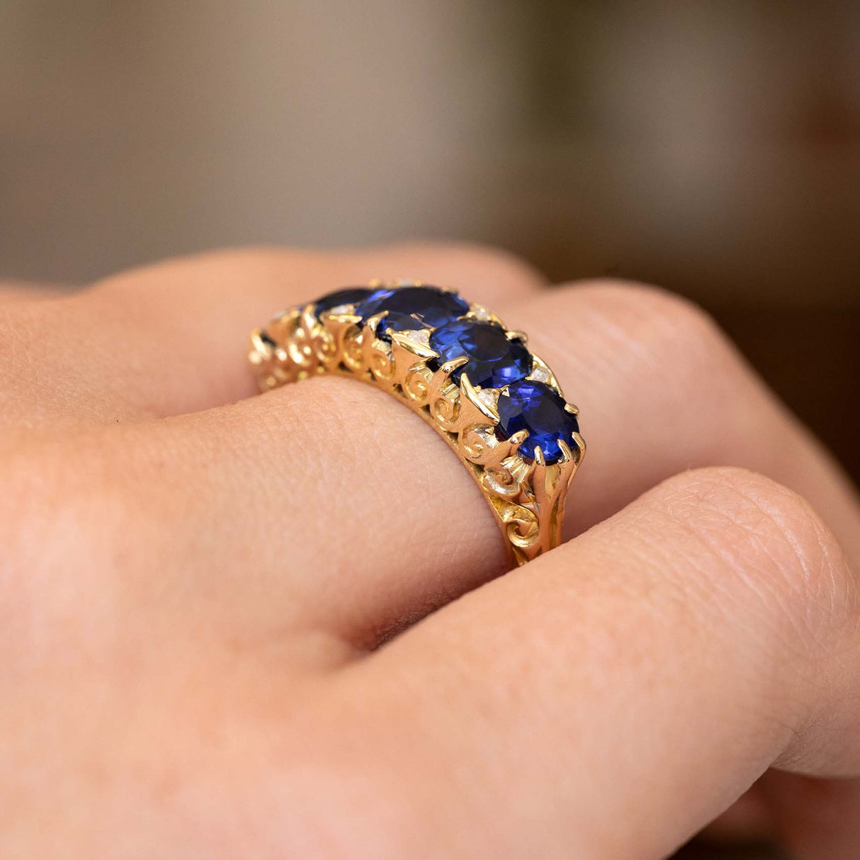Antique, Victorian royal blue sapphire five-stone engagement ring